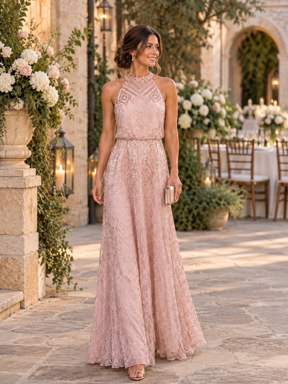 ANGELINA FACCENDA Blush Pink Sequins Sparkle Halter Maxi Dress 10